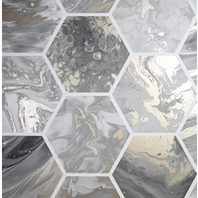 Image of Arthouse Marbled Hex Matt Grey &amp; Rose Gold Metallic Wallpaper for Living Spaces Feature Walls, Kitchen Bedroom Hallway Dining 10.05m x 0.53m Roll, Marble Effect Geometric Design 908502