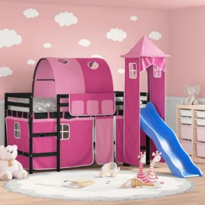 Image of vidaXL Kids&#039; Loft Bed Solid Pine Wood, Fun Slide and Tower Design, Raised with Underneath Space, Child Safety Guardrails White Frame, Pink Accessories, 80x200 cm