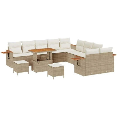 Image of vidaXL 13 Piece Garden Sofa Set with Cushions Beige Poly Rattan Acacia