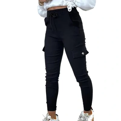 Image of Want Clothing Women&#039;s Button Cargo Pocket Denim Look Stretch Fit Combat Trousers Joggers Pants (UK, Alpha, S, M, Regular, Black)