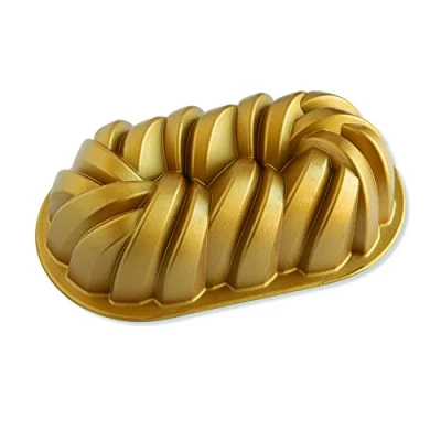 Image of Nordic Ware Braided Loaf Pan, Original Cast Aluminium Bundt Tin, Cake Tin with Pattern, Mould Made in The USA, Colour: Gold
