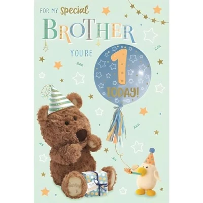Image of Brother 1st Birthday Card Age 1 Barley Bear Teddy and Balloon Special Finishes Illustrated Insert Leaf Made in the UK Eco Friendly