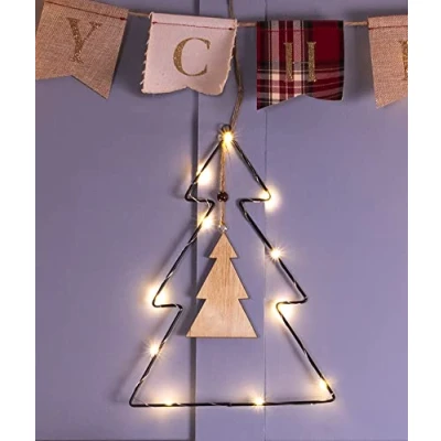 Image of Battery Powered Metal Christmas Tree with Central Hanging Wooden and LED String Lights create a warm, cosy glow