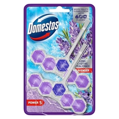 Image of Domestos Power 5 Lavender toilet Rim Blocks 2x 50 g freshener with a long lasting fragrance clean and freshen for up to 300 flushes