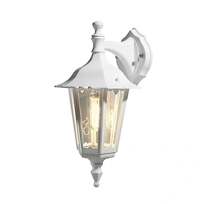 Image of Konstsmide Outdoor Wall Light Mains Powered/Firenze Small Up Traditional Lantern/1 x 60 W E27 Max Lamp/Clear Glass/Aluminium/IP43/Outside Matt White