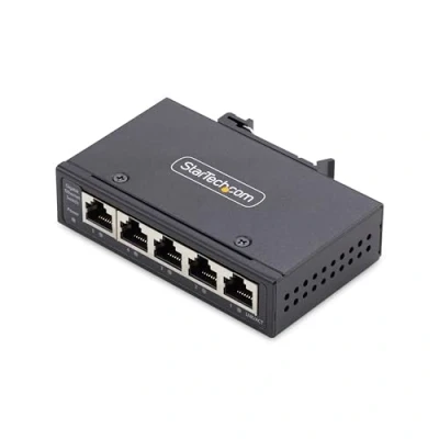 Image of StarTech.com 5 Port Unmanaged Industrial Network Switch, 100/1000 Ethernet, DIN Rail/Wall Mount, IP30, 40 167F, 9 60VDC, TAA