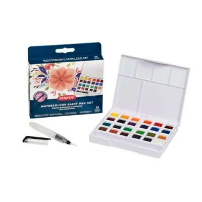 Image of Derwent Watercolour Paint Pan 24 Set, Set of 24, Half Size, Water Soluble, Ideal for Painting, Professional Quality, Travel 2306324