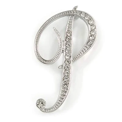 Image of &#039;P&#039; Rhodium Plated Clear Crystal Letter P Alphabet Initial Brooch Personalised Jewellery Gift 50mm Tall