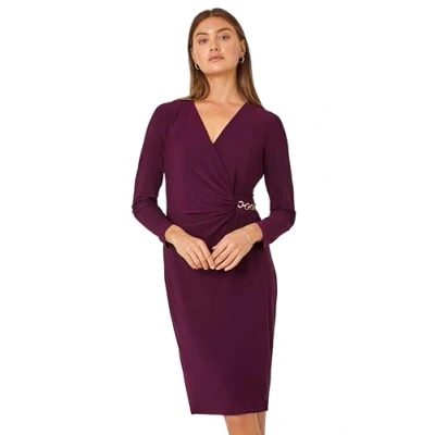 Image of Roman Womens Chain Detail Wrap Stretch Ruched Midi Dress Purple Size 16 UK