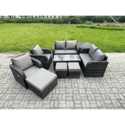 Image of 9 Seater Rattan Garden Furniture Set Outdoor Patio Sofa, Table and Chairs Coffee 3 Footstools Ideal for Pool Side, Balcony, indoor