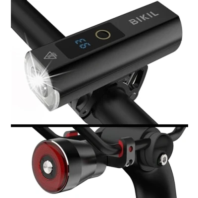 Image of BIKIL All Aluminium Bike Lights Front and Back 5000mAh Super Bright 2400 Lumen Bicycle Smart Taillight USB C Rechargeable Cycle Power dispay Headlight for Road Mountain