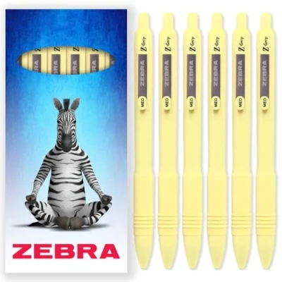 Image of Zebra Z Grip Smooth Ballpoint Pen 1.0mm Black Ink Pastel Yellow Barrels Pack of 6 In Cardboard Gift Box Packaging