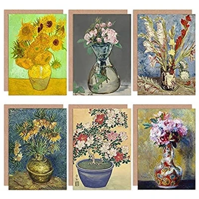 Image of Artery8 Renoir Koson Van Gogh Manet Sunflowers Bouquet Vase Mixed Fine Art Greeting Card Pack of 6