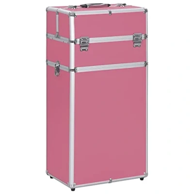 Image of vidaXL Pink Make up Trolley Light &amp; Portable Cosmetic Storage Case with 2 Tiers Extendable Trays, Durable Construction of Aluminium, ABS, Wood, Ideal for Organising Beauty Products