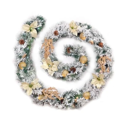 Image of Best Artificial Frosted Cream Gold Decorated Christmas Garland with 80 Bright White LED Battery Lights (9ft Garland)