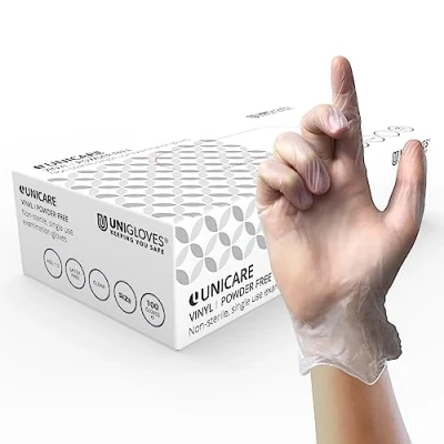 Image of Unigloves Unicare Vinyl Multipurpose Disposable Gloves, Powder Free, Latex Medium Weight, Box of 100 Clear, Size Large (GS0064)