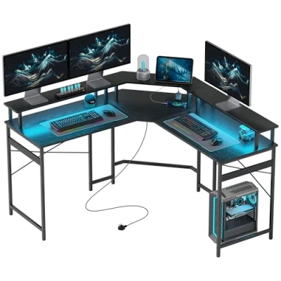 Image of HOMCOM L Shaped Desk with Power Outlets and LED Lights, Corner Computer Monitor Stand, Gaming for Home Office, Black