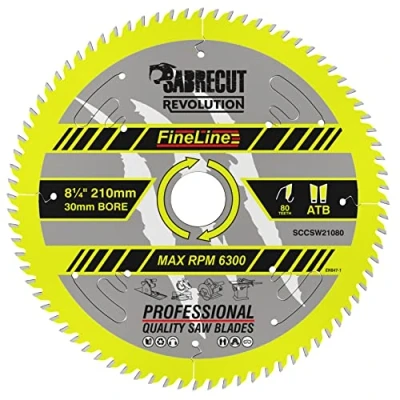 Image of 1 x SCCSW21080 SabreCut 210mm 80T 30mm Bore Fineline Thin Kerf Wood Plywood MDF Chipboard Cross Cutting and Rip Circular Saw Blade Compatible with Dewalt Makita Milwaukee Many Others