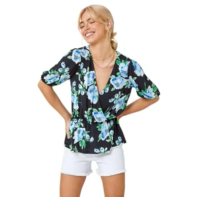 Image of Dusk Womens Floral Peplum Hem Wrap Top Black Size 10 UK