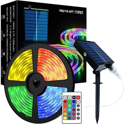 Image of Solar LED Strip Lights Outdoor, 16.4ft/5m SMD 5050 Powered RGB Color Changing Strip, IP67 Waterproof Decorative Rope for Yard Trees Garden