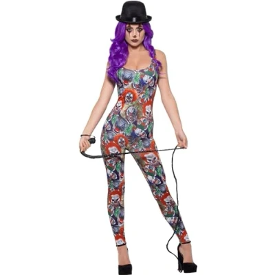Image of Smiffys Fever Creepy Clown Costume, Multi Coloured with Bodysuit, Fancy Dress, Dress Up Costumes