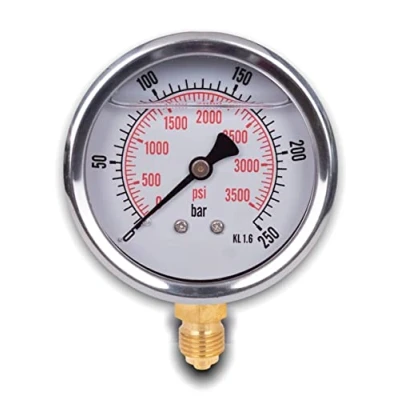 Image of Stainless steel radial pressure gauge D.63 mm with 1/4 glycerine connector from the bottom (0 250 bar)