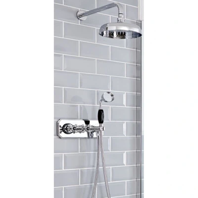 Image of Milano Elizabeth Traditional 2 Outlet Twin Diverter Thermostatic Mixer Shower Valve with Wall Mounted Rainfall 150mm Head, Hand and Hose Chrome Black
