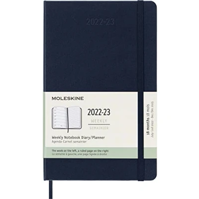 Image of Moleskine 18 Month Weekly Planner/Diary, Planner 2022/2023, Notebook with Hard Cover and Elastic Closure, Size Large 13 x 21 cm, Colour Sapphire Blue