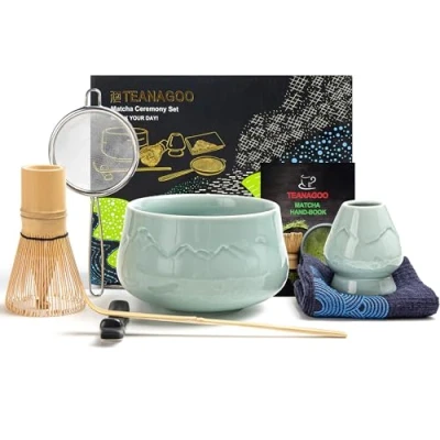 Image of TEANAGOO Japanese Matcha Set (7pcs) Whisk Mtacha Kit Bowl with Pouring Spout Bamboo (Chasen) Scoop (chashaku) Holder. N26, Celadon Blue, Green Tea Powder…