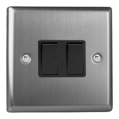 Image of Varilight XT77B Classic Brushed Steel 2 Gang 10A Intermediate Rocker Light Switch