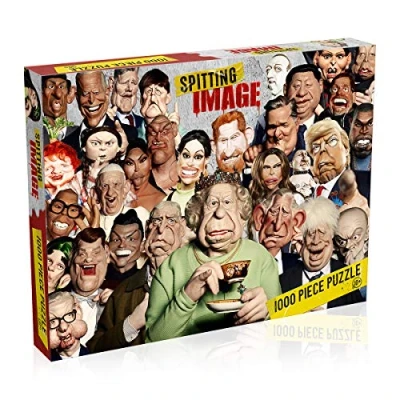 Image of Winning Moves Spitting Image 1000 piece Jigsaw Puzzle Game, together a montage of puppets including Ed Sheeran, Billie Eilish and Her Majesty, gift for ages 10 plus