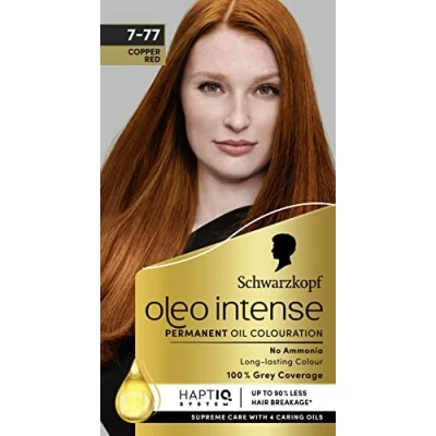 Image of Schwarzkopf Oleo Intense Permanent Oil Colour 7 77 Copper Red Hair Dye, 100% Grey Coverage, Conditioner with HaptIQ System, Long Lasting Colour, Ammonia Free Dye