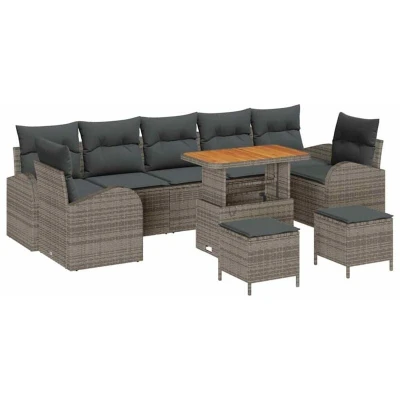 Image of vidaXL 10 Piece Garden Sofa Set with Cushions Grey Poly Rattan Acacia