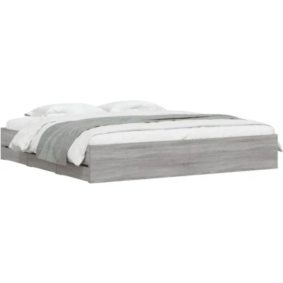 Image of vidaXL Grey Sonoma Bed Frame with Storage Drawers, Engineered Wood, 200x200 cm, Plywood Slats, Modern Bedroom Furniture