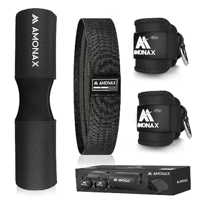 Image of AMONAX Barbell Squat Pad, Extra Thick Foam Padding for Neck &amp; Shoulder Support, Heavy Duty Gym Fitness Workout Cover Women Hip Thrusts, Weight Lifting and Squats (Black 3 in 1 Combi Set)