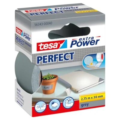 Image of tesa UK extra Power Perfect Cloth Tape Fabric Reinforced Repairing for Crafting, Repairing, Fastening, Reinforcing and Labelling Grey 2.75 m x 38 mm