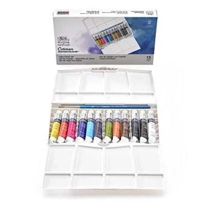 Image of Winsor &amp; Newton, Cotman Watercolour, &#039;Tube Travel Set&#039;, 12 x 8ml Tubes + 1 Watercolour Round Brush
