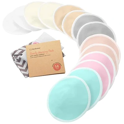 Image of Organic Bamboo Viscose Nursing Pads 14 Washable Breastfeeding Pads, Wash Bag, Reusable Breast for Breastfeeding, Nipple Essentials (Pastel Touch, L 12cm)