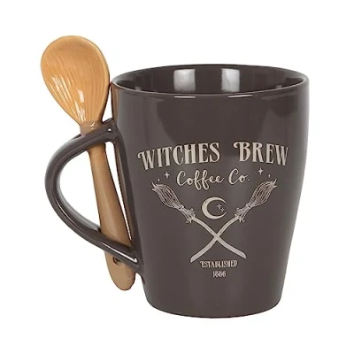 Image of Witches Brew Coffee Co. Mug and Spoon Set Witch with Gothic Design Perfect Halloween Mugs for Adults Enjoy Your Spooky Cup of Joe Style!