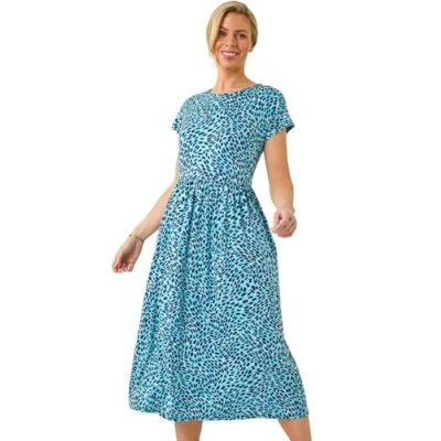 Image of Roman Originals Midi Gathered Dress with Pockets for Women UK Ladies Stretchy Jersey Maxi Round Neck Elasticated High Waisted Boho Flattering Skater Swing Fit Flare Petite Blue Noir Size 18