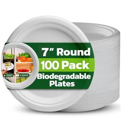 Image of Ask Packaging 100% Compostable (7 Inch / 100 Pack) Heavy Duty Eco Friendly Disposable Bagasse Plates, Made of Natural Sugarcane Fibers 7&quot; Biodegradable Paper Plates