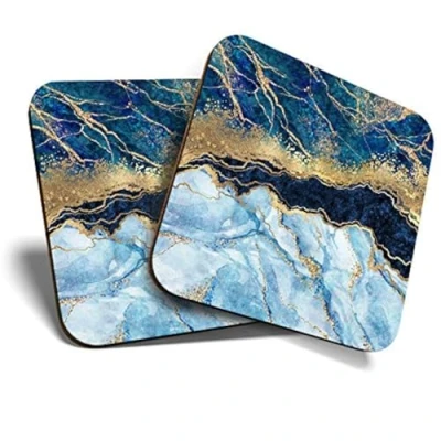 Image of Great Coasters (Set of 2) Square/Glossy Quality Coasters/Tabletop Protection for Any Table Type Marbled Art Effect Blue Gold Marble #21152