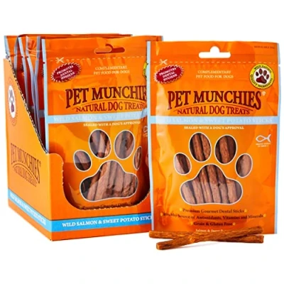 Image of Pet Munchies Wild Salmon and Sweet Potato Dog Treats, Healthy Grain Free Dental Sticks with Natural Real Meat 90g (Pack of 8)