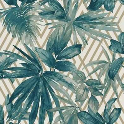 Image of SOPHIE LAURENCE Teal Gold Tropical Wallpaper, Botanical Palm Leaf Design, 0.53m x 10.05m Roll, Washable, Paste The Paper, Metallic Geometric Background, Ideal for Any Room