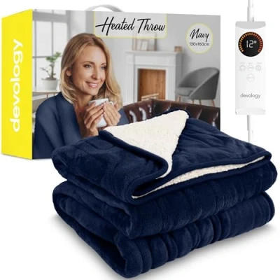 Image of Devology Heated Throw Electric Blanket Digital Controller Timer up to 12 hours, 6 Heat Settings, Auto Shutoff Machine Washable Single 130x160cm Navy