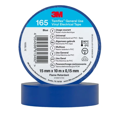 Image of 3M Temflex™ 165 165BL1E Electrical Tape Blue (L x W) 10 m 15 mm