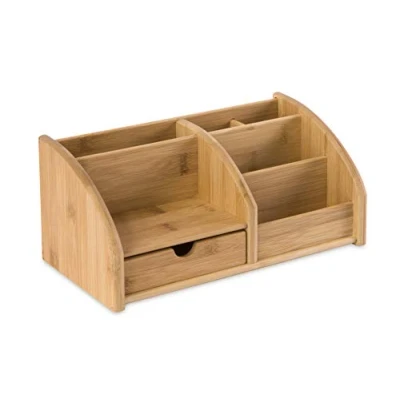 Image of OSCO Bamboo Desk Organiser 6 Compartments 1 Drawer Office Tidy Stationery Storage Pen Holder Makeup sorter Cosmetics Display H17.7 x W27 D14 cm