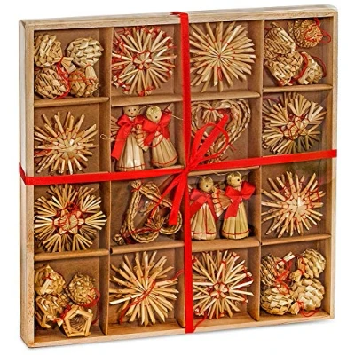 Image of BRUBAKER 48 Piece Set Straw Ornaments Up to 2.6 Inches High Stars Hearts Angels