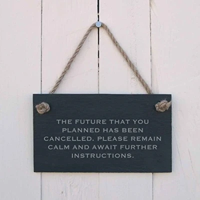 Image of &#039;The future that you planned has been cancelled. Please remain calm and await further instructions.&#039; Slate Hanging Sign