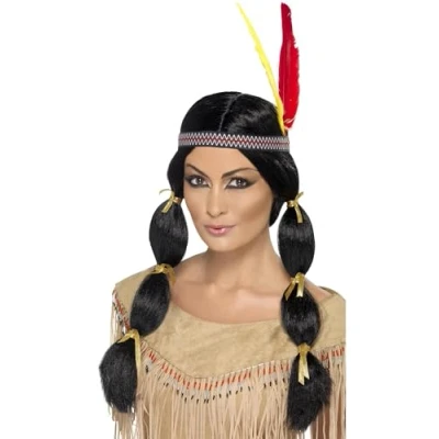Image of Smiffy&#039;s Indian Wig with Pigtails and Headband Black